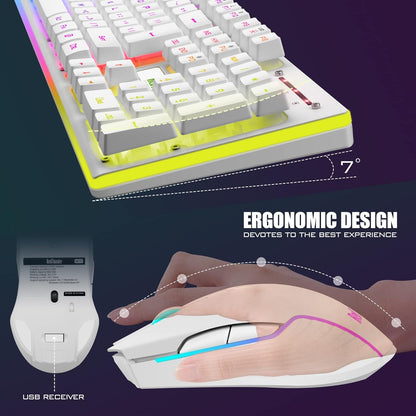 K10 Wireless Gaming Keyboard and Mouse Combo – LED Backlit, Rechargeable 3800mAh, Anti-Ghosting Keyboard + 7D 3200DPI Mouse for PC Gaming (White)