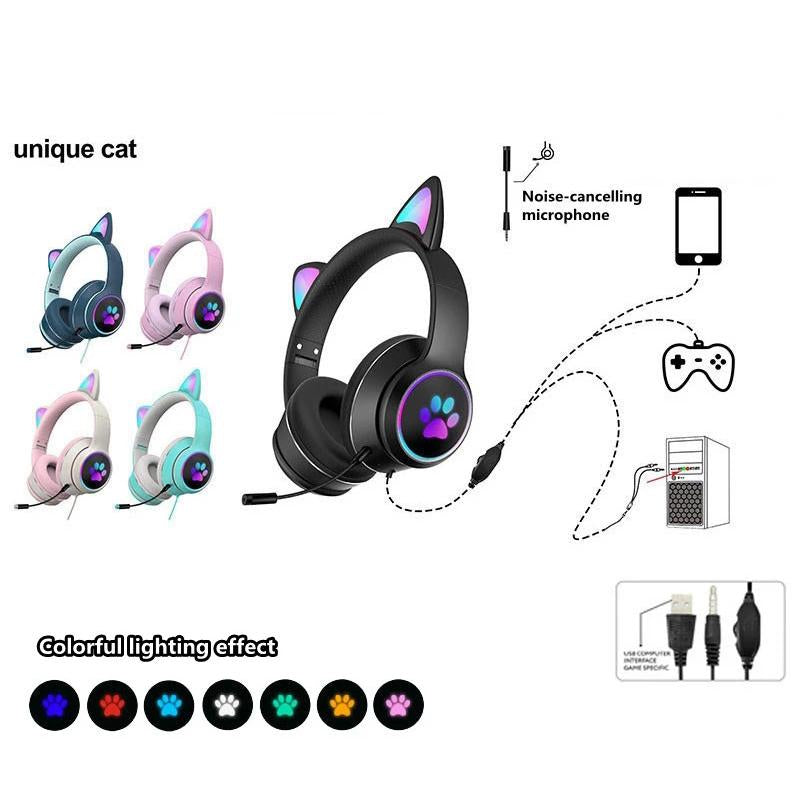 RGB Luminous Cat LED Gaming Headset - Multi-Platform Wired with Noise Reduction (Light Green)