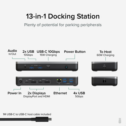 Plugable 12-in-1 Dual 4K USB C Docking Station, Works with Chromebook Certified, 60W Charging Dock, Compatible with ChromeOS and Windows, 2X HDMI, 2X DisplayPort, 1x Ethernet, 1x USB-C, 6X USB, Audio