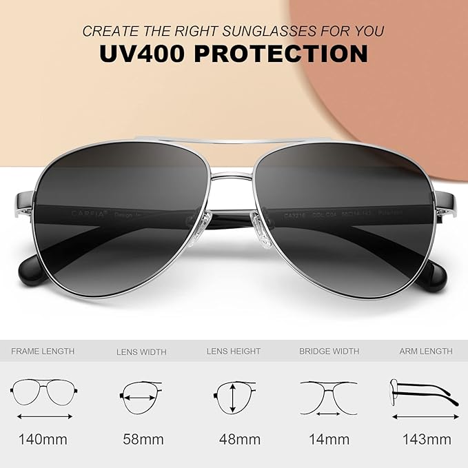 CARFIA Polarized Womens Sunglasses UV Protection Classic Pilot Sun Glasses Nickel-free Safety Metal Frame CA3216