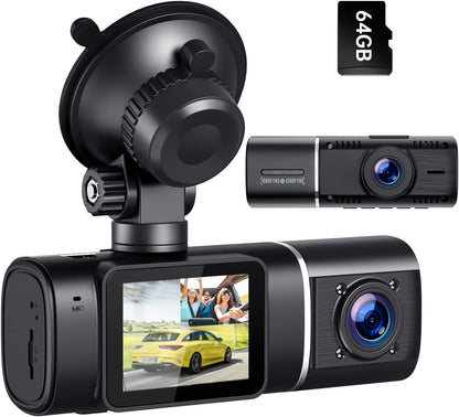 Dual Dash Cam - FHD 1080P Front & Inside, Night Vision, 64GB SD Card