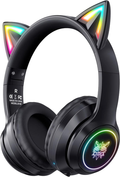 ULTREND Bluetooth Kids Headphones - Cat Ear LED, 85dB Volume, Foldable (Black)