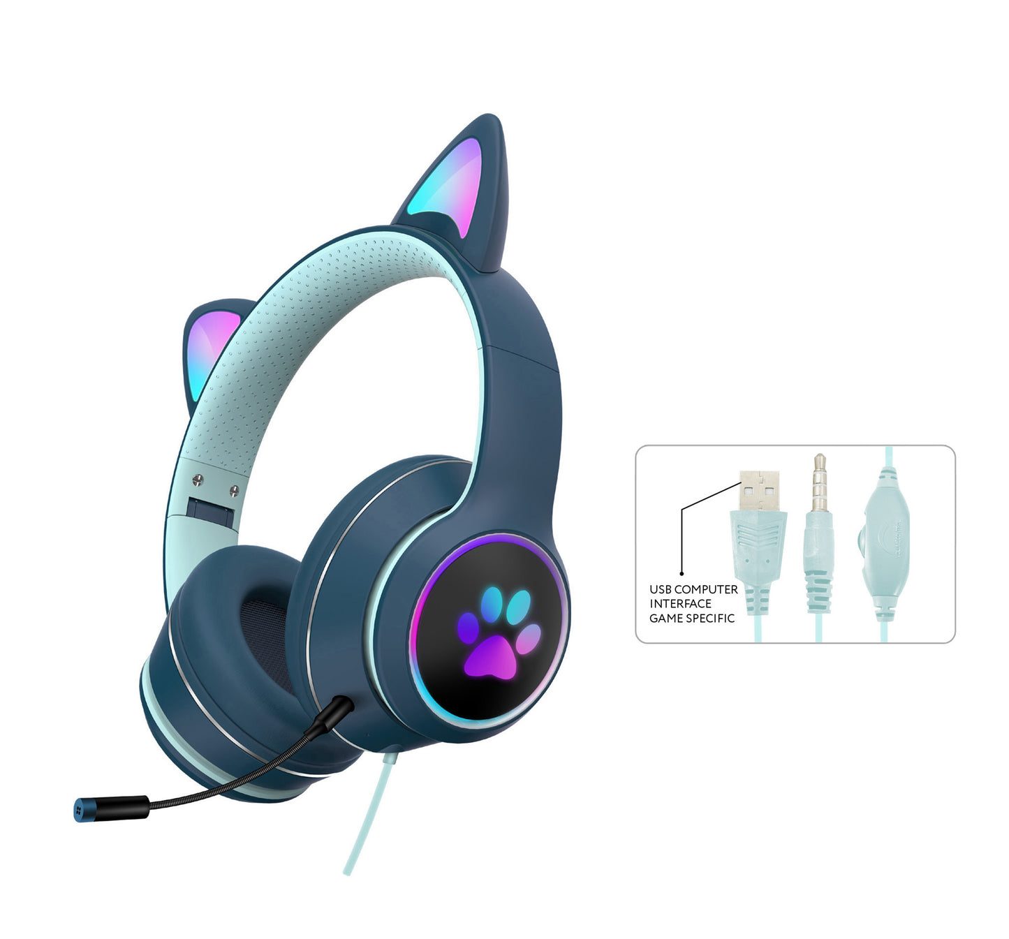RGB Luminous Cat LED Gaming Headset - Multi-Platform Wired with Noise Reduction (Emerald Green)